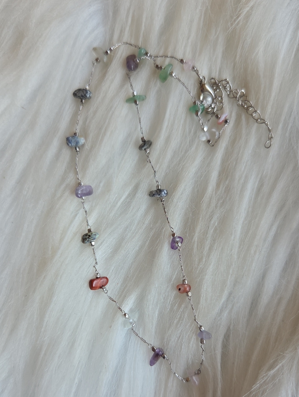 Multi-Stone Silver Necklace with Pastel Gem Chips